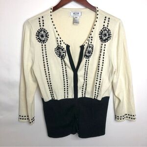 VICTOR COSTA Vintage Embroidered Cream & Black Cardigan